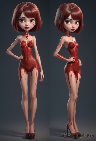 1girl,breasts,looking at viewer,blush,short hair,bangs,brown hair,navel,brown eyes,nipples,standing,full body,nude,small breasts,pussy,high heels,lips,hand on hip,loli,uncensored,blood,makeup,multiple views,piercing,bob cut,lipstick,hands on hips,blood on face,red lips,nipple piercing,solo,red hair,hairclip,chibi,black eyes,covered nipples,grey eyes,freckles