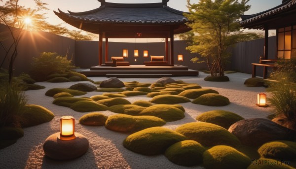 outdoors,sky,tree,no humans,sunlight,grass,plant,building,scenery,sunset,lantern,rock,light,lamp,bush,architecture,house,east asian architecture,shrine,path,stone,pond,stone lantern,cloud,water,mountain,fence,sun,evening,sunrise