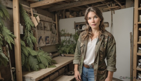 1girl,solo,long hair,looking at viewer,smile,brown hair,shirt,brown eyes,jewelry,standing,jacket,white shirt,open clothes,belt,pants,indoors,necklace,open jacket,lips,window,wavy hair,plant,denim,sleeves rolled up,pocket,jeans,realistic,door,blue pants,potted plant,brown belt,leather,photo (object),shelf,cowboy shot,tree,sleeves pushed up