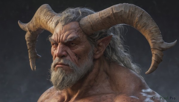 solo,looking at viewer,1boy,closed mouth,collarbone,white hair,grey hair,male focus,horns,pointy ears,muscular,facial hair,scar,muscular male,portrait,beard,veins,mature male,realistic,mustache,manly,old,old man,wrinkled skin,grey eyes,demon horns,topless male