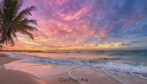 outdoors, sky, cloud, water, tree, dutch angle, no humans, ocean, beach, cloudy sky, scenery, sunset, sand, palm tree, horizon, shore