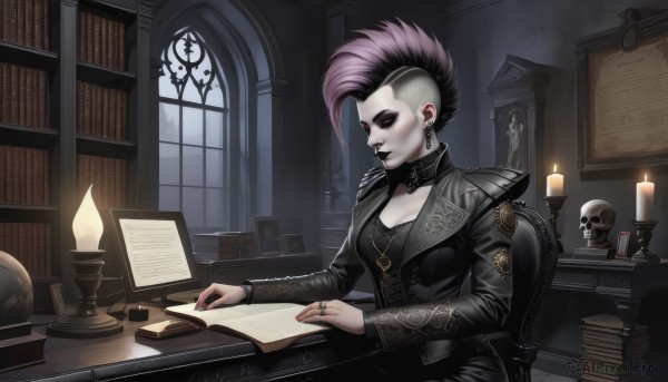 1girl,solo,breasts,short hair,black hair,long sleeves,cleavage,jewelry,medium breasts,sitting,jacket,closed eyes,pink hair,purple hair,multicolored hair,earrings,artist name,indoors,signature,necklace,nail polish,two-tone hair,lips,black jacket,book,window,makeup,chair,piercing,ring,cross,lipstick,ear piercing,pale skin,black nails,desk,eyeshadow,skull,paper,open book,nose,bookshelf,pen,lamp,eyeliner,candle,computer,leather,undercut,laptop,book stack,library,gothic,writing,quill,black lips,candlestand,globe,inkwell,choker,colored skin,table,mohawk