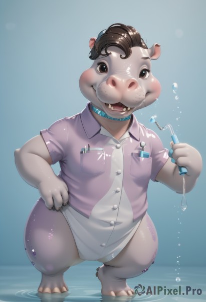 1girl,solo,looking at viewer,blush,open mouth,simple background,brown hair,shirt,1boy,holding,animal ears,brown eyes,standing,full body,short sleeves,male focus,barefoot,teeth,choker,shiny,collared shirt,artist name,water,black eyes,collar,gradient background,buttons,fangs,watermark,blue background,squatting,wing collar,furry,freckles,bubble,pocket,pink shirt,water drop,furry female,breast pocket,furry male,fat,ripples,toothbrush,buck teeth,pig ears,smile,hand on hip,no humans,drinking straw,pen