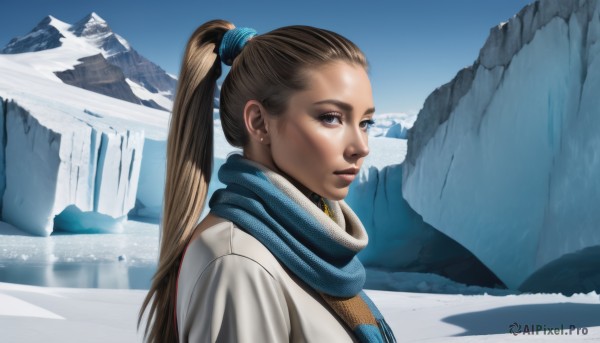 1girl,solo,long hair,looking at viewer,blue eyes,brown hair,brown eyes,upper body,ponytail,outdoors,sky,day,scarf,from side,lips,coat,snow,mountain,realistic,nose,hair tie,winter clothes,winter,blue scarf,hair pulled back,blonde hair,jewelry,earrings,dark skin,water,dark-skinned female,scenery