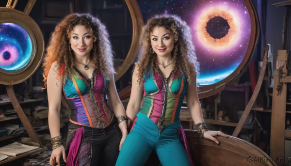 long hair,breasts,looking at viewer,smile,multiple girls,brown hair,2girls,cleavage,brown eyes,jewelry,medium breasts,standing,cowboy shot,earrings,sleeveless,pants,necklace,nail polish,bracelet,lips,book,makeup,siblings,chair,lipstick,sisters,star (sky),desk,dual persona,science fiction,curly hair,twins,realistic,nose,bangle,space,big hair,planet,symmetry,globe,telescope,hair ornament,artist name,signature,dark skin,dark-skinned female,fur trim,watermark,denim,messy hair,pendant,zipper,jeans,hoop earrings,unzipped,overalls,afro