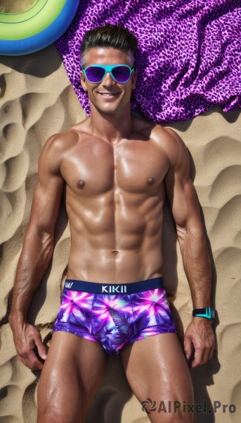 solo,looking at viewer,smile,short hair,black hair,1boy,navel,jewelry,nipples,standing,collarbone,male focus,thighs,cowboy shot,outdoors,lying,teeth,shiny,dark skin,on back,stomach,grin,lips,shiny skin,muscular,feet out of frame,beach,thick thighs,abs,sunglasses,dark-skinned male,pectorals,tan,muscular male,bara,toned,bulge,topless male,watch,realistic,sand,arms at sides,wristwatch,toned male,male swimwear,swim briefs,facial hair,summer,afro