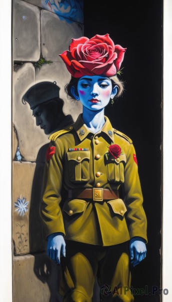 1girl,solo,blush,short hair,blue eyes,blonde hair,1boy,hat,jewelry,flower,earrings,one eye closed,belt,uniform,lips,military,military uniform,makeup,shadow,rose,colored skin,lipstick,red flower,military hat,red rose,blue skin,epaulettes,wall,badge,medal