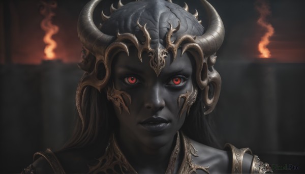 HQ,1girl,solo,long hair,looking at viewer,black hair,red eyes,horns,teeth,armor,blurry,lips,blurry background,colored skin,demon girl,fire,demon horns,portrait,colored sclera,grey skin,straight-on,black skin,au ra,black lips,fangs,helmet,close-up,realistic,fake horns,dark,horned helmet