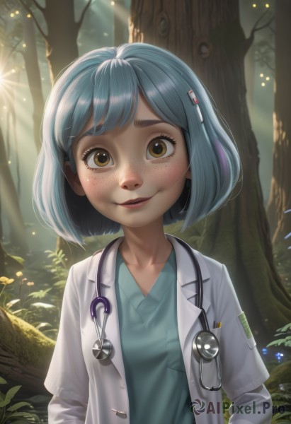 1girl,solo,breasts,looking at viewer,smile,short hair,bangs,shirt,hair ornament,long sleeves,brown eyes,blue hair,upper body,grey hair,small breasts,outdoors,parted lips,open clothes,hairclip,artist name,tree,lips,sunlight,bob cut,blue shirt,nature,forest,freckles,green shirt,labcoat,stethoscope,doctor,yellow eyes,badge