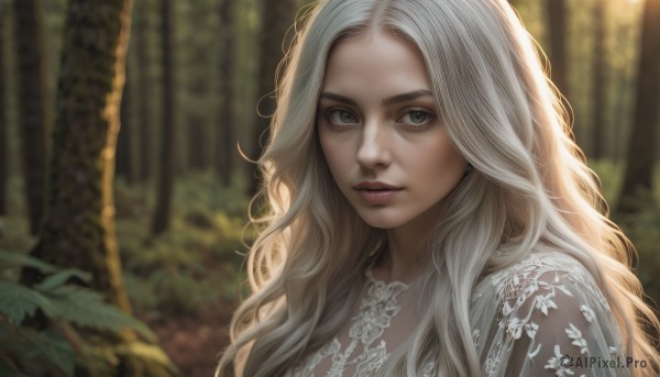 1girl,solo,long hair,looking at viewer,blonde hair,dress,jewelry,closed mouth,upper body,white hair,outdoors,blurry,tree,lips,grey eyes,eyelashes,depth of field,blurry background,wavy hair,plant,portrait,nature,forest,freckles,realistic,nose,blue eyes,green eyes,grey hair,earrings,parted lips,day,necklace,sunlight