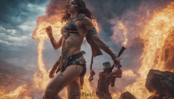 1girl,long hair,breasts,brown hair,black hair,hat,navel,holding,jewelry,standing,weapon,outdoors,sky,solo focus,sword,cloud,cape,armor,bracelet,lips,muscular,abs,cloudy sky,fire,knife,clenched hand,armlet,freckles,toned,rock,mountain,realistic,fantasy,bracer,bikini armor,1boy,midriff,gun,tattoo,smoke,magic