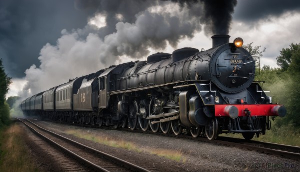 weapon,outdoors,sky,day,cloud,tree,military,no humans,cloudy sky,grass,ground vehicle,nature,motor vehicle,forest,smoke,cannon,military vehicle,tank,vehicle focus,caterpillar tracks,world war ii,railroad tracks,damaged,machine gun,train