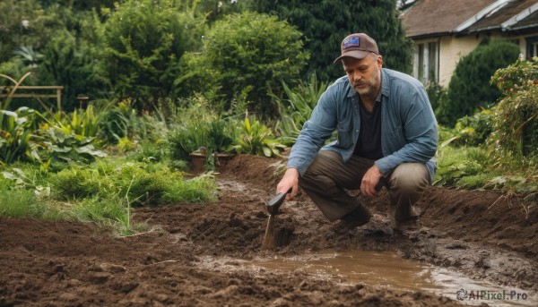 solo,short hair,brown hair,shirt,long sleeves,1boy,hat,holding,closed mouth,jacket,male focus,outdoors,open clothes,shoes,day,pants,tree,black shirt,facial hair,squatting,grass,plant,blue jacket,building,nature,baseball cap,beard,realistic,mustache,brown pants,house,old man,stick,photo background,holding stick,garden,denim jacket,wood,boots,open jacket,brown footwear,denim,scenery,forest,jeans,bush,old