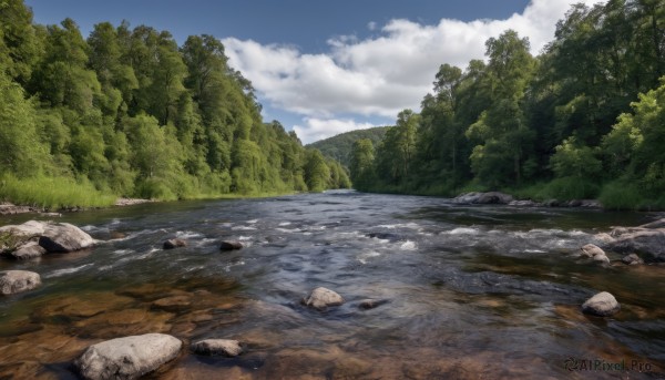 outdoors,sky,day,cloud,water,tree,blue sky,no humans,cloudy sky,grass,nature,scenery,forest,rock,bush,river,landscape