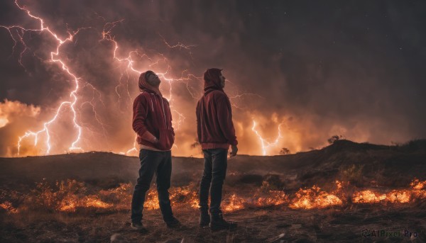 standing, jacket, male focus, outdoors, multiple boys, sky, pants, cloud, hood, 2boys, from behind, hoodie, night, cloudy sky, night sky, scenery, hands in pockets, lightning