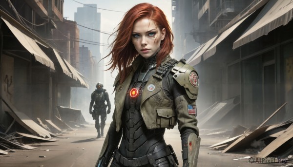 HQ,1girl,long hair,looking at viewer,blue eyes,brown hair,1boy,jewelry,jacket,weapon,red hair,outdoors,open clothes,solo focus,artist name,medium hair,armor,uniform,lips,gun,military,bodysuit,watermark,scar,building,web address,rifle,scar on face,science fiction,serious,city,realistic,scar across eye,emblem,ruins,badge,cyborg,dirty,power armor,soldier,holding,standing,vest,glowing,helmet,american flag,helmet removed,dirty face,body armor