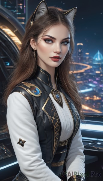 1girl,solo,long hair,breasts,looking at viewer,brown hair,shirt,gloves,long sleeves,animal ears,brown eyes,jewelry,white shirt,upper body,earrings,parted lips,black gloves,cat ears,vest,lips,animal ear fluff,grey eyes,makeup,night,lipstick,brooch,gem,forehead,black vest,red lips,city lights,medium breasts,blurry,extra ears,eyeshadow,realistic,nose,eyeliner