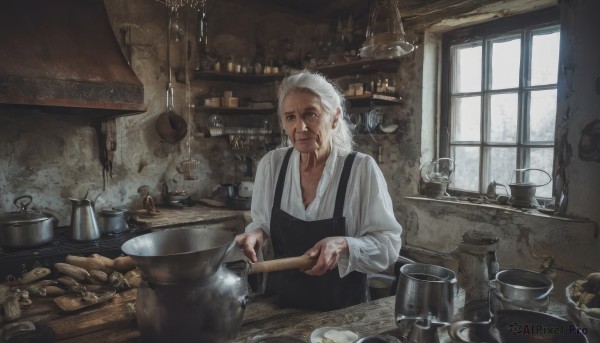 solo,looking at viewer,shirt,long sleeves,1boy,holding,closed mouth,white shirt,white hair,male focus,food,indoors,apron,cup,window,facial hair,scar,bottle,knife,beard,scar on face,realistic,mustache,bread,old,old man,cooking,shelf,kitchen,jar,counter,old woman,kitchen knife,wrinkled skin,cutting board,long hair,smile,day,bowl,potato,onion