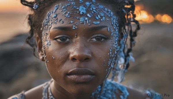 1girl,solo,looking at viewer,short hair,black hair,brown eyes,jewelry,parted lips,teeth,dark skin,water,necklace,blurry,black eyes,dark-skinned female,lips,depth of field,blurry background,portrait,freckles,realistic,straight-on,very dark skin,dreadlocks,blue eyes,earrings,hair bun,looking up,close-up