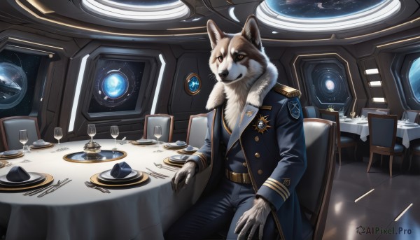 solo,red eyes,long sleeves,1boy,sitting,jacket,male focus,belt,pants,indoors,uniform,cup,coat,military,military uniform,chair,black pants,formal,table,suit,star (sky),claws,furry,plate,drinking glass,fork,space,furry male,wine glass,white fur,planet,earth (planet),spacecraft,medal,globe,looking at viewer,shirt,gloves,animal ears,brown eyes,closed mouth,food,sky,vest,no humans,animal,wolf ears,knife,blue jacket,starry sky,science fiction,watch,black belt,spoon,blue pants,glass,badge,wolf