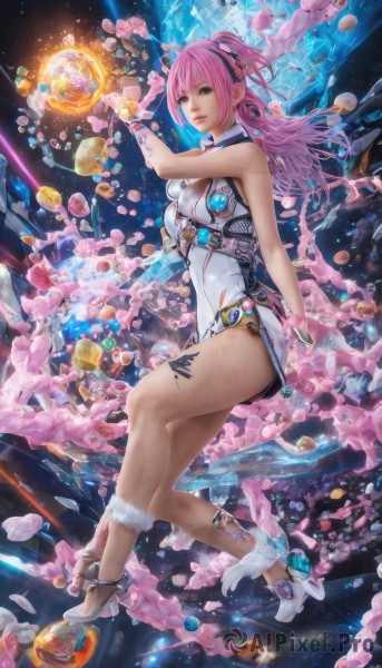 1girl,solo,long hair,breasts,looking at viewer,gloves,dress,bare shoulders,brown eyes,jewelry,medium breasts,sitting,full body,ponytail,pink hair,parted lips,food,sleeveless,high heels,bracelet,lips,legs,tattoo,short dress,floating,science fiction,crystal,space,planet,thighs,hairband,boots,pink eyes,leotard,bare legs,headphones,candy,earth (planet)