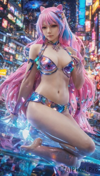 1girl,solo,long hair,breasts,looking at viewer,blue eyes,large breasts,hair ornament,navel,animal ears,cleavage,jewelry,medium breasts,sitting,very long hair,blue hair,swimsuit,pink hair,bikini,multicolored hair,barefoot,water,necklace,bracelet,lips,night,side-tie bikini bottom,blue bikini,realistic,pool,bangs,bare shoulders,closed mouth,full body,thighs,outdoors,parted lips,choker,artist name,cat ears,pink eyes,blurry,bare legs,kneeling,fake animal ears,watermark,web address,reflection,city,one knee,print bikini