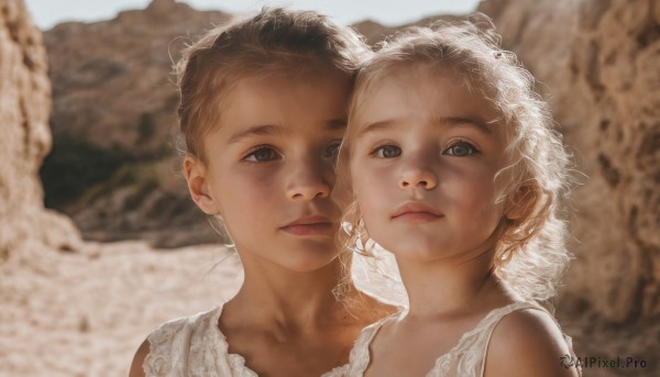 looking at viewer,short hair,blue eyes,multiple girls,blonde hair,brown hair,dress,2girls,brown eyes,closed mouth,upper body,white hair,sleeveless,white dress,blurry,lips,grey eyes,blurry background,siblings,child,portrait,realistic,female child,outdoors,expressionless,sisters,messy hair,curly hair,heads together,fine art parody