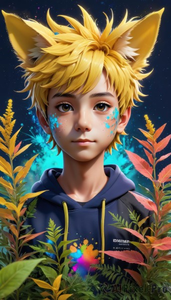 solo,looking at viewer,blonde hair,1boy,animal ears,brown eyes,closed mouth,upper body,flower,male focus,outdoors,sky,artist name,hood,lips,fox ears,hoodie,night,leaf,watermark,facial mark,hood down,plant,star (sky),night sky,web address,extra ears,starry sky,freckles,drawstring,blue hoodie,fox boy,short hair,bangs,thick eyebrows,male child,paint splatter,paint