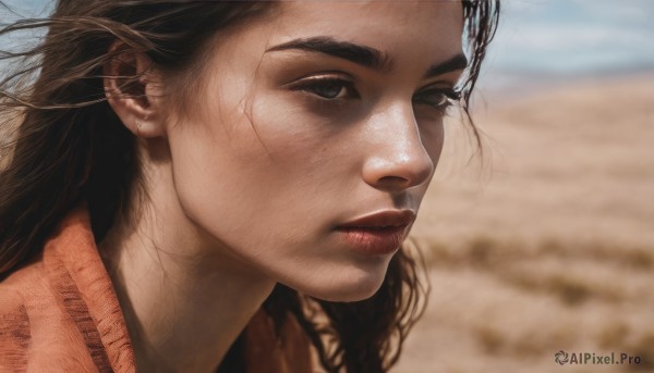 1girl,solo,long hair,looking at viewer,brown hair,black hair,closed mouth,outdoors,day,blurry,black eyes,lips,depth of field,blurry background,scar,beach,portrait,scar on face,realistic,nose,sand,brown eyes,sky,eyelashes,expressionless,close-up,freckles,looking afar,desert