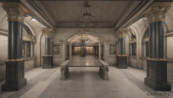 indoors,no humans,window,shadow,sunlight,scenery,stairs,door,light,candle,architecture,pillar,statue,hallway,carpet,arch,candlestand,chandelier,column,ceiling