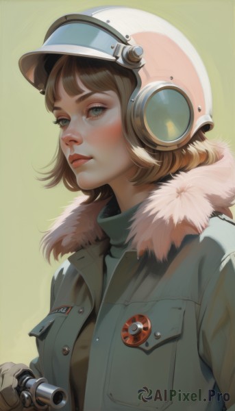 1girl,solo,short hair,bangs,blue eyes,simple background,brown hair,shirt,gloves,holding,closed mouth,green eyes,jacket,upper body,open clothes,white gloves,lips,coat,gun,fur trim,helmet,green background,pocket,pink lips,realistic,nose,badge,grey gloves,looking at viewer,blush,weapon,holding weapon,eyelashes,turtleneck,thick eyebrows,holding gun,brown gloves,freckles