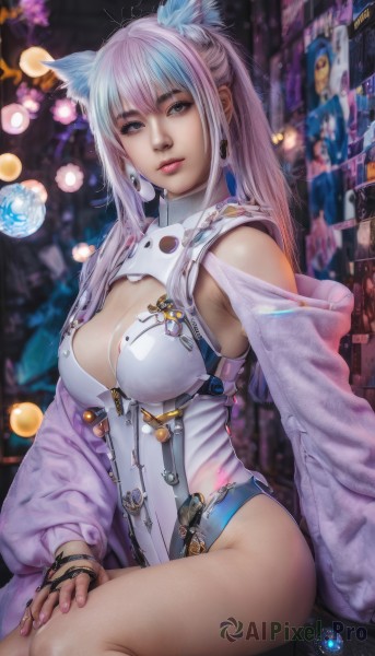 1girl,solo,long hair,breasts,looking at viewer,smile,bangs,blue eyes,large breasts,gloves,long sleeves,animal ears,cleavage,jewelry,medium breasts,sitting,jacket,ponytail,pink hair,white hair,thighs,multicolored hair,earrings,parted lips,open clothes,cat ears,fingerless gloves,off shoulder,nail polish,blurry,leotard,open jacket,lips,streaked hair,fingernails,animal ear fluff,grey eyes,clothing cutout,makeup,blurry background,cleavage cutout,pink nails,science fiction,realistic,white leotard,bare shoulders,artist name,rabbit ears,mole,bracelet,mole on breast,shoulder cutout,neon lights