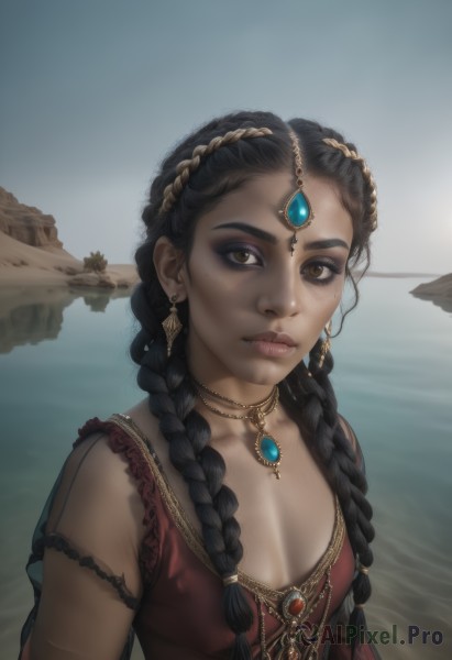 1girl,solo,long hair,breasts,looking at viewer,black hair,dress,cleavage,bare shoulders,brown eyes,jewelry,closed mouth,upper body,braid,earrings,small breasts,outdoors,sky,sleeveless,choker,day,tongue,artist name,dark skin,water,necklace,twin braids,covered nipples,dark-skinned female,lips,see-through,eyelashes,makeup,blurry background,ocean,red dress,gem,hair over shoulder,armlet,eyeshadow,freckles,circlet,realistic,nose,watercraft,multiple braids,hair ornament