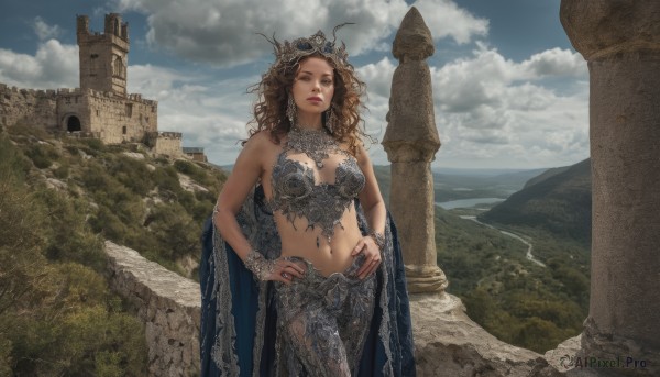 1girl,solo,long hair,breasts,looking at viewer,skirt,brown hair,navel,cleavage,bare shoulders,brown eyes,jewelry,medium breasts,earrings,outdoors,sky,day,midriff,cloud,necklace,cape,armor,bracelet,blue sky,lips,wavy hair,ring,cloudy sky,tiara,crown,scenery,curly hair,hands on hips,mountain,realistic,fantasy,bikini armor,pillar,column,hand on hip,ocean,ruins,castle