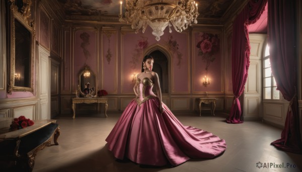 1girl,solo,long hair,breasts,looking at viewer,bangs,black hair,hair ornament,dress,cleavage,bare shoulders,jewelry,standing,full body,flower,earrings,indoors,lips,window,strapless,makeup,shadow,rose,chair,table,sunlight,own hands together,lipstick,curtains,red flower,gem,pink dress,strapless dress,corset,purple dress,red rose,wooden floor,mirror,long dress,red lips,candle,vase,painting (object),carpet,gown,candlestand,chandelier,brown hair,gloves,elbow gloves,formal,realistic