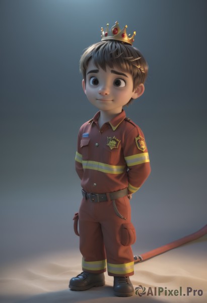 solo,looking at viewer,smile,short hair,brown hair,black hair,1boy,brown eyes,closed mouth,standing,full body,male focus,boots,shoes,belt,black footwear,uniform,black eyes,arms behind back,thick eyebrows,crown,child,male child,spotlight,shirt,holding,pants,red shirt,sand,badge