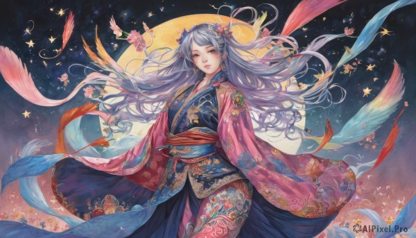 1girl,solo,long hair,looking at viewer,blush,bangs,hair ornament,long sleeves,holding,jewelry,very long hair,standing,flower,grey hair,cowboy shot,earrings,parted lips,japanese clothes,sky,hair flower,wide sleeves,kimono,star (symbol),lips,sleeves past wrists,sash,sparkle,night,floating hair,bird,leaf,floral print,moon,wind,tassel,star (sky),night sky,full moon,sleeves past fingers,starry sky,shawl,blue eyes,grey eyes,watermark,chinese clothes,peony (flower)