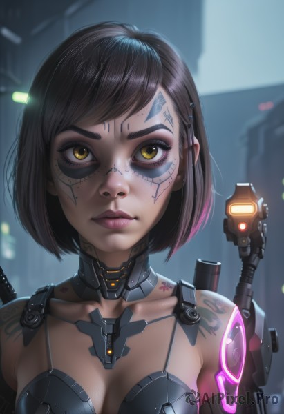 1girl,solo,breasts,looking at viewer,short hair,bangs,brown hair,black hair,hair ornament,cleavage,brown eyes,medium breasts,closed mouth,collarbone,yellow eyes,upper body,artist name,blurry,lips,eyelashes,tattoo,makeup,blurry background,swept bangs,facial mark,portrait,eyeshadow,science fiction,nose,android,eyeliner,cable,mechanical arms,cyborg,robot joints,mascara,cyberpunk,mechanical parts,choker,signature,close-up,freckles,facepaint