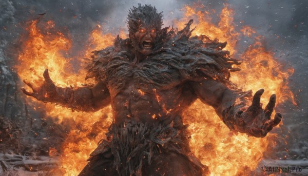 solo,looking at viewer,open mouth,red eyes,1boy,standing,weapon,male focus,outdoors,teeth,sword,armor,tree,orange eyes,muscular,glowing,scar,abs,fire,muscular male,shoulder armor,glowing eyes,snow,pauldrons,topless male,snowing,embers,burning,short hair,black hair,cowboy shot