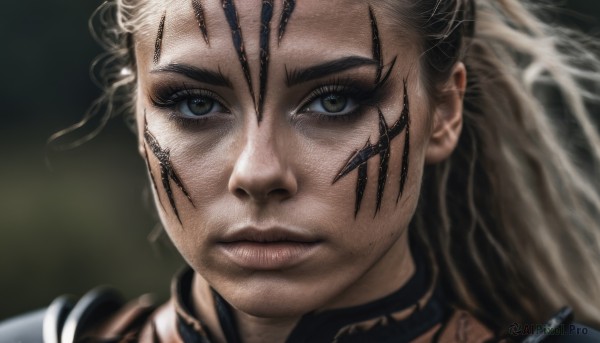 1girl,solo,long hair,looking at viewer,blonde hair,brown hair,brown eyes,closed mouth,armor,blurry,lips,grey eyes,eyelashes,tattoo,scar,facial mark,portrait,close-up,forehead,realistic,nose,black hair,green eyes,serious,facial tattoo