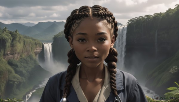 1girl,solo,long hair,looking at viewer,smile,brown hair,shirt,brown eyes,jewelry,closed mouth,collarbone,white shirt,upper body,braid,earrings,outdoors,parted lips,sky,day,collared shirt,cloud,dark skin,water,twin braids,dark-skinned female,tree,lips,sunlight,cloudy sky,portrait,nature,scenery,hair over shoulder,freckles,mountain,realistic,nose,waterfall,black hair,forehead,very dark skin,landscape,dreadlocks