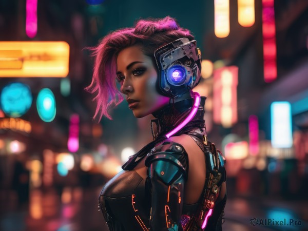 1girl,solo,breasts,short hair,brown eyes,medium breasts,upper body,pink hair,multicolored hair,parted lips,dark skin,hair bun,blurry,from side,dark-skinned female,lips,makeup,blurry background,headphones,eyeshadow,science fiction,asymmetrical hair,realistic,nose,undercut,cyborg,very dark skin,cyberpunk,neon lights,hologram,brown hair,eyelashes,depth of field