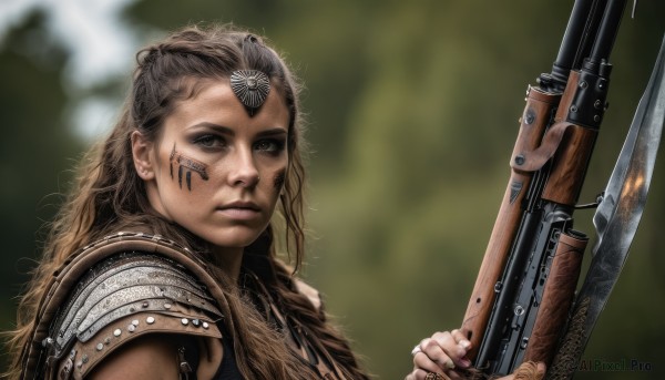 1girl,solo,long hair,looking at viewer,brown hair,black hair,holding,brown eyes,jewelry,upper body,weapon,earrings,holding weapon,armor,blurry,lips,gun,tattoo,blurry background,facial mark,ring,shoulder armor,holding gun,rifle,pauldrons,realistic,facepaint,facial tattoo,shotgun,portrait