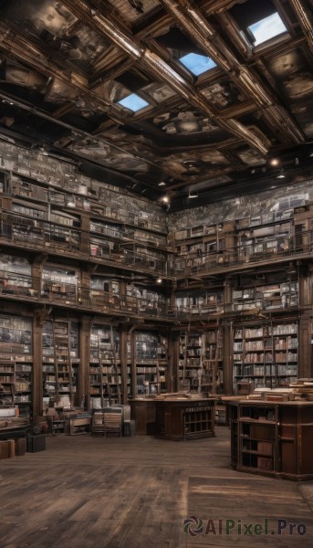 indoors,book,no humans,window,chair,table,sunlight,box,scenery,wooden floor,stairs,bookshelf,architecture,shelf,library,shop,ceiling,ladder,ceiling light,day,science fiction