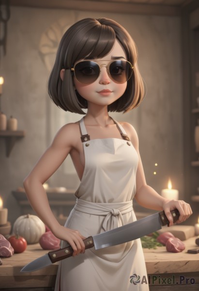 1girl,solo,breasts,looking at viewer,smile,short hair,bangs,brown hair,black hair,holding,bare shoulders,closed mouth,standing,collarbone,cowboy shot,small breasts,food,artist name,indoors,blurry,apron,lips,bare arms,fruit,blurry background,swept bangs,sunglasses,fire,knife,white apron,holding knife,candle,naked apron,cooking,kitchen knife,cutting board,onion,brown eyes,armpits,depth of field,bob cut,nose,carrot,kitchen,potato