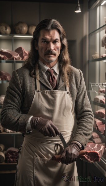 solo,long hair,looking at viewer,brown hair,shirt,black hair,gloves,long sleeves,1boy,holding,closed mouth,standing,jacket,white shirt,male focus,cowboy shot,food,necktie,black gloves,collared shirt,indoors,black eyes,apron,facial hair,stuffed toy,formal,suit,red necktie,beard,brown gloves,teddy bear,realistic,grey jacket,mustache,meat,wrinkled skin,tongs,brown eyes,blurry,black jacket,blurry background,wing collar,kitchen,brown necktie,leather gloves,onion