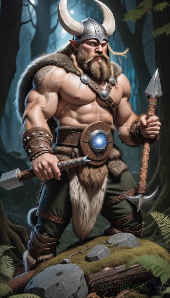 solo,long hair,looking at viewer,blonde hair,1boy,navel,holding,jewelry,nipples,standing,full body,weapon,braid,male focus,boots,outdoors,horns,pointy ears,pants,stomach,cape,holding weapon,tree,fur trim,tattoo,muscular,facial hair,scar,abs,thick eyebrows,helmet,pectorals,muscular male,nature,bara,beard,forest,large pectorals,veins,topless male,rock,mature male,mustache,fake horns,arm tattoo,axe,leather,bare pectorals,harness,biceps,navel hair,chest harness,horned helmet,artist name,polearm,realistic,manly,hammer,chest hair,horned headwear,holding axe