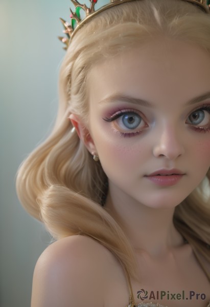 1girl,solo,long hair,looking at viewer,blush,blue eyes,blonde hair,dress,bare shoulders,jewelry,closed mouth,collarbone,earrings,artist name,lips,eyelashes,watermark,tiara,crown,portrait,web address,close-up,forehead,freckles,realistic,nose,princess,pointy ears,makeup,mascara