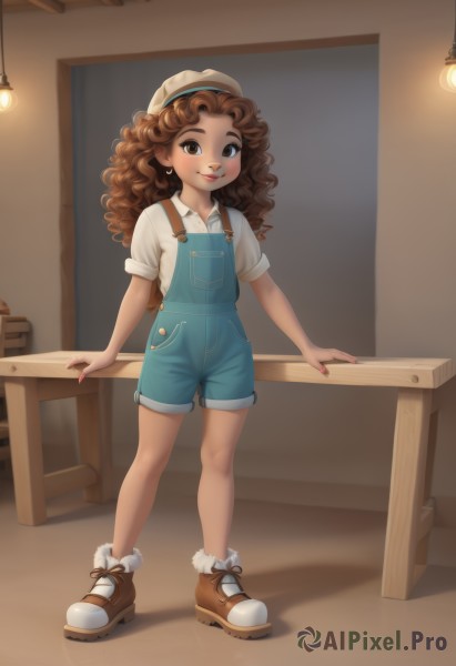 1girl,solo,long hair,looking at viewer,blush,smile,brown hair,shirt,hat,brown eyes,jewelry,standing,full body,white shirt,short sleeves,earrings,boots,shoes,shorts,collared shirt,indoors,dark skin,bag,nail polish,dark-skinned female,lips,wavy hair,brown footwear,freckles,curly hair,overalls,very dark skin,blue overalls,overall shorts,bangs,closed mouth,hairband,flat chest,fur trim,loli,buttons,shadow,white headwear