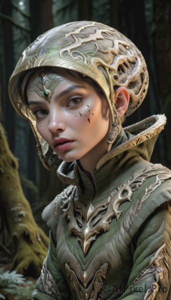 1girl,solo,looking at viewer,short hair,brown hair,brown eyes,jewelry,upper body,outdoors,parted lips,teeth,armor,mole,blurry,tree,lips,blurry background,facial mark,helmet,gem,portrait,nature,forest,freckles,realistic,nose,black hair,eyelashes,makeup,headpiece,facepaint